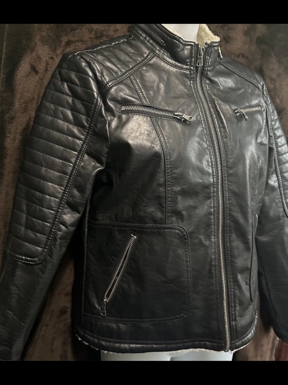 Chaps Black Quilted Faux Leather Moto Jacket - Women